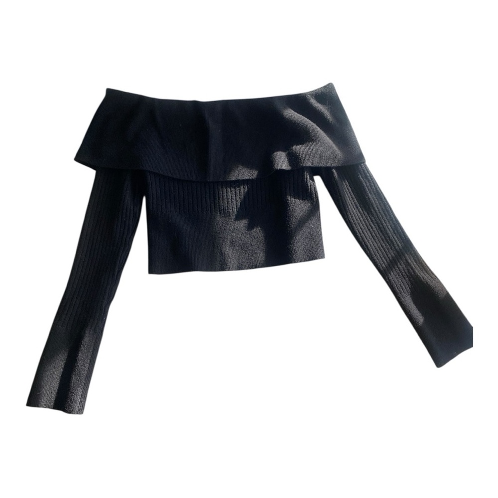 Wild Fable Y2K Women's Black Fold-over Off-Shoulder Long Sleeve Crop Top (S)